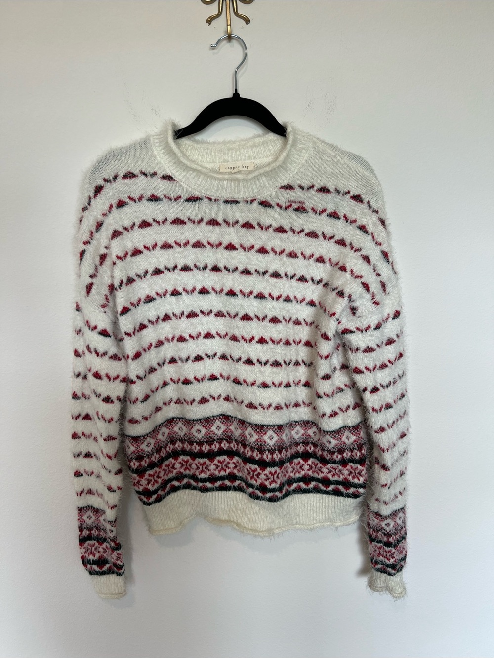 Copper Key Cream Sweater with Red and Black Fair Isle Pattern